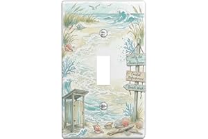 Seashell Bathroom Single Light Switch Cover Plate, Coastal Relaxed Waves Beach Hut Summer Blue Plastic Standard Size Decorati