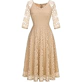 Dressystar Womens Long-Sleeve Wedding Guest Dress A-Line Lace Formal Party Cocktail Midi Dress Prom Gown
