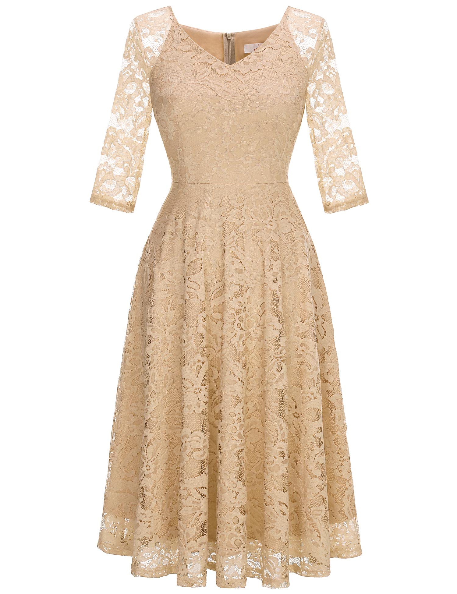 Photo 1 of Dressystar Long-Sleeve A-Line Lace Bridesmaid Dress Midi for Wedding Formal Party 3XL Champagne