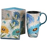 Voltogar Ceramic Mug Travel Coffee Cup with Lid and Handle for Home & Office, 17oz Porcelain Tall Tea Cup with Color Box, Daisy Flower