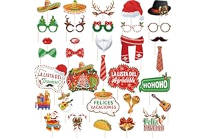 VorkiVecKi Feliz Navidad Photo Props - 33 Pcs Mexican Christmas Party Decorations Photo Booth Props with Sticks Funny Santa T