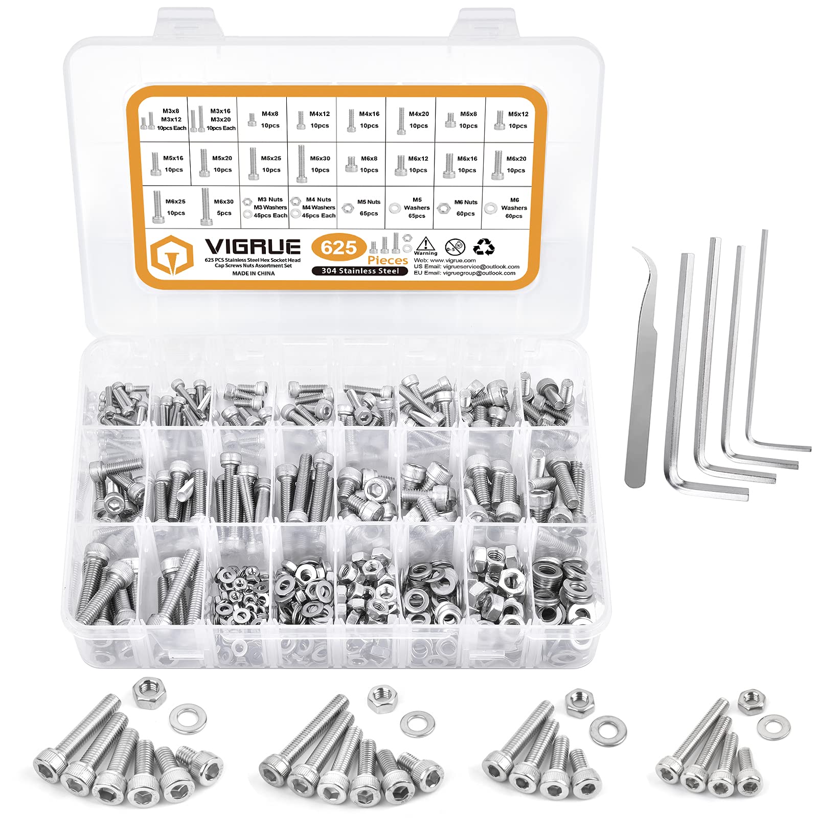 VIGRUE 625 Piece Screw Set M3 M4 M5 M6, Hexagon Socket Stainless Steel Screws Nuts and Washers Assortment Kit Hex Screws 304 Stainless Steel in Assortment Box
