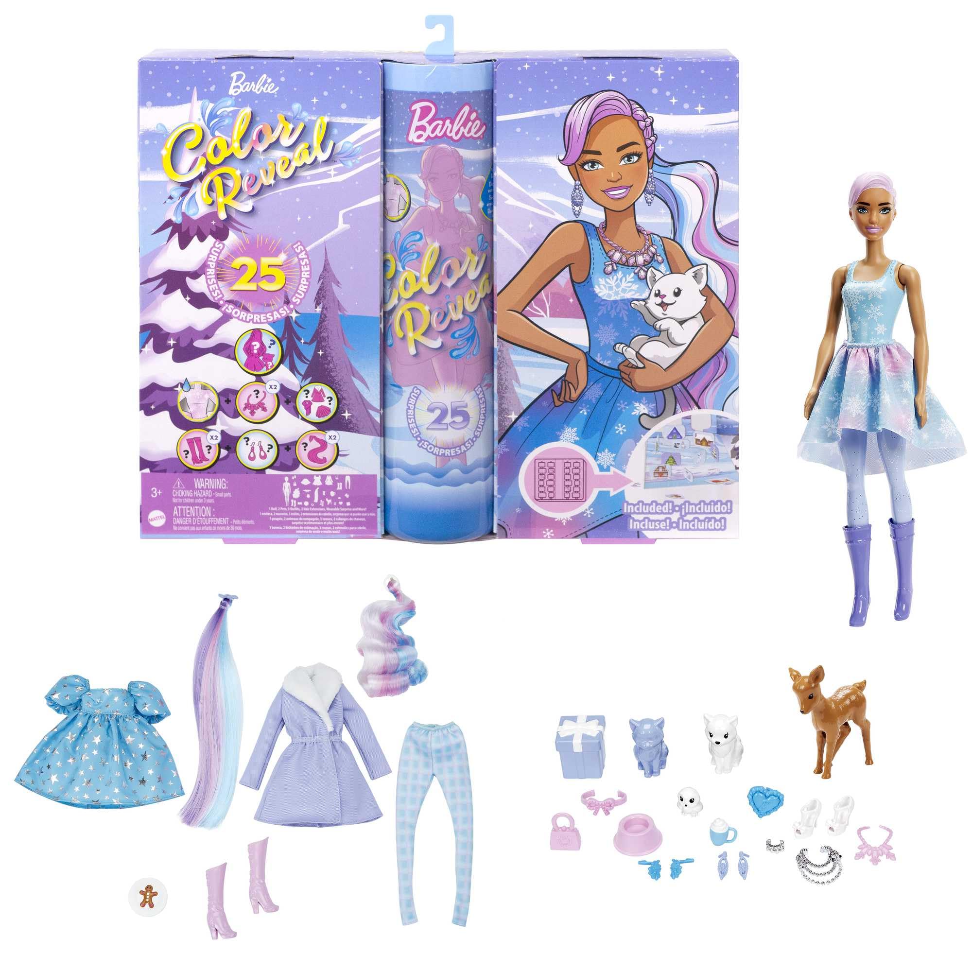 Barbie Color Reveal Advent Calendar, 1 Color Revea Doll & 3 Pets, Clothes, Accessories & 2 Hair Extensions, 25 Surprises, Holiday Gifts for Kids, HJD60