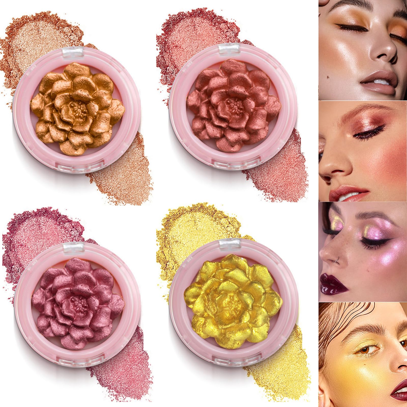 4PCS Highlighter Palette, 3D Rose Blush, Body Luminizer Highlighter Face Makeup, Shimmer Body Glow Face Powder, Glossy Long Lasting Highlighters Makeup