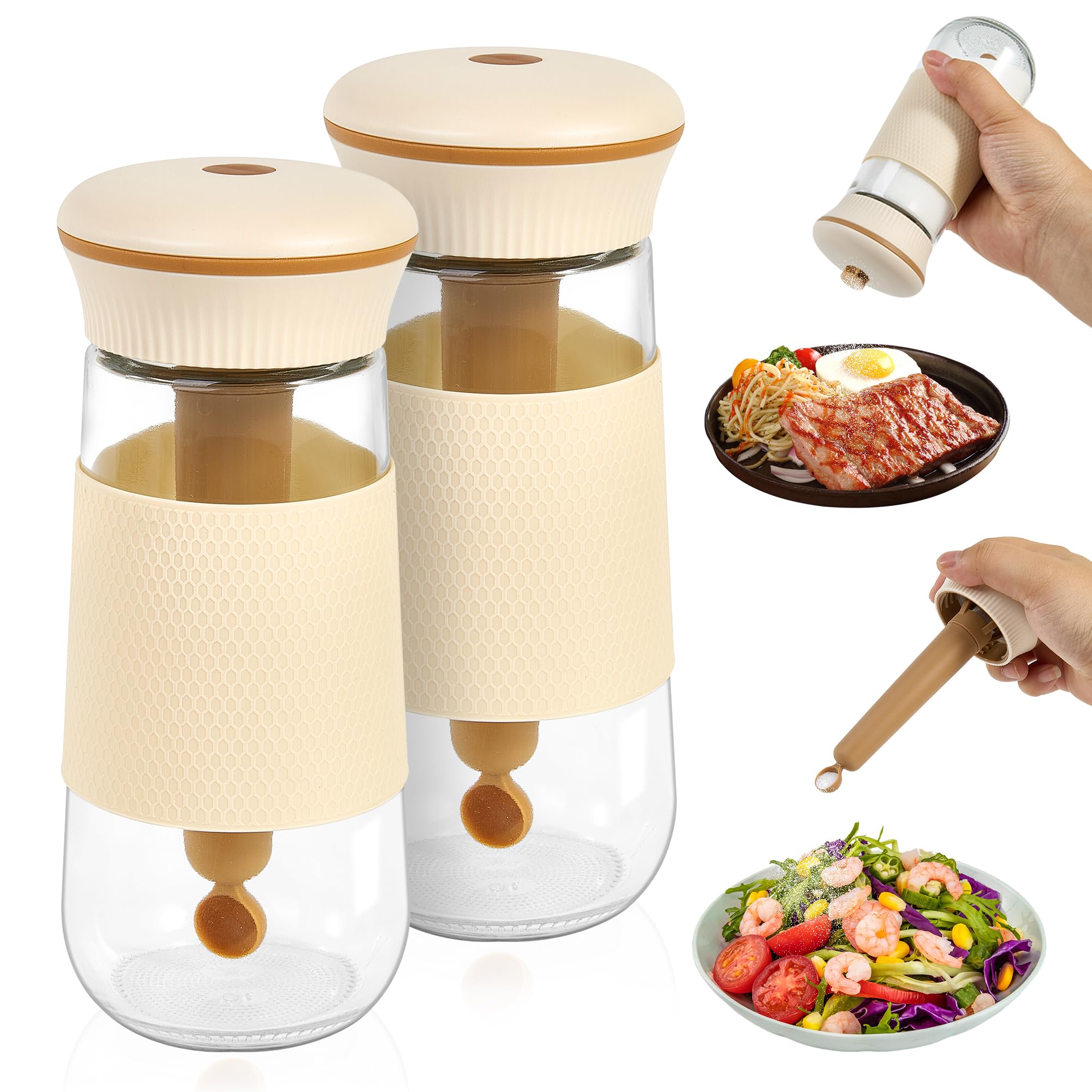 Photo 1 of LAKUMIQI 2-in-1 Salt Shaker, Glass Salt and Pepper Shakers Set with 1g Measuring Spoon, 2PCS Salt Pepper Containers Farmhouse Cute Salt Shakers for Kitchen, Easy Filling