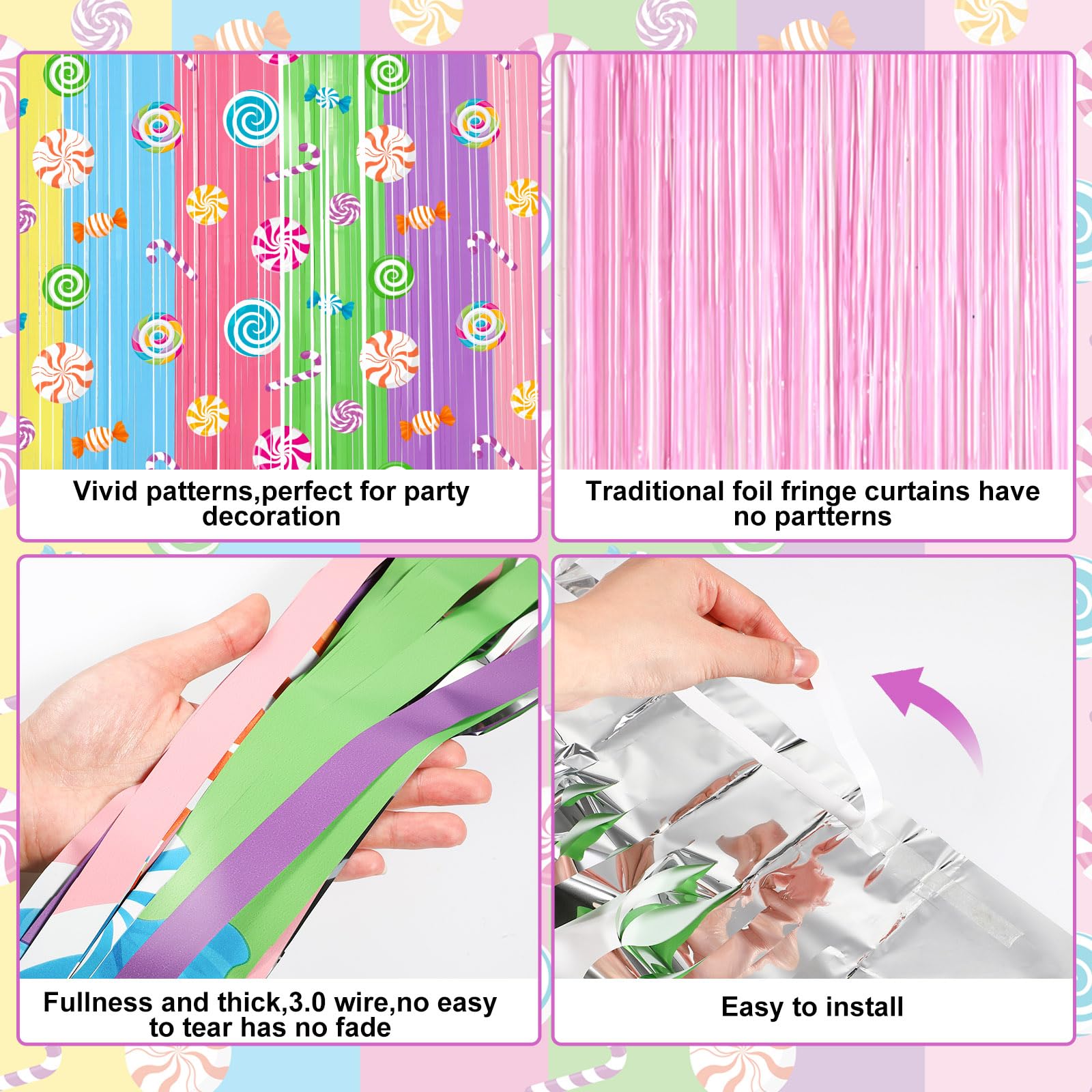 Blosssound 2 Packs Candyland Party Decorations 3.3 x 6.6 ft Candy Foil Fringe Curtain Dark Sweet Candy Tinsel Streamers for Lollipop Candyland Birthday Baby Shower Sweet Shop Party Decoration
