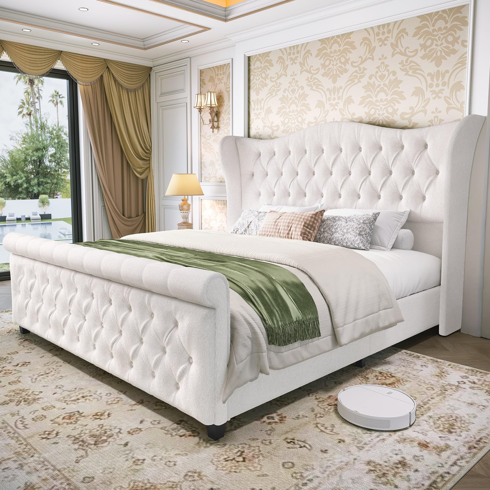 Photo 1 of ***PARTIAL SET - PRICE ADJUSTED***
koorlian King Size Bed Frame,Chenille Upholstered Bed Frame, Sleigh Platform Bed with 51" Tall Wingback Headboard 27" Scroll Footboard,Luxury Deep Curved Tufted,No Box Spring Required,Cream