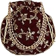 Craft Trade Potli Bag For Women With Intricate Maroon and Gold Thread & Sequin Ethnic Designer Embroidery Work Batwa Pearls Handle