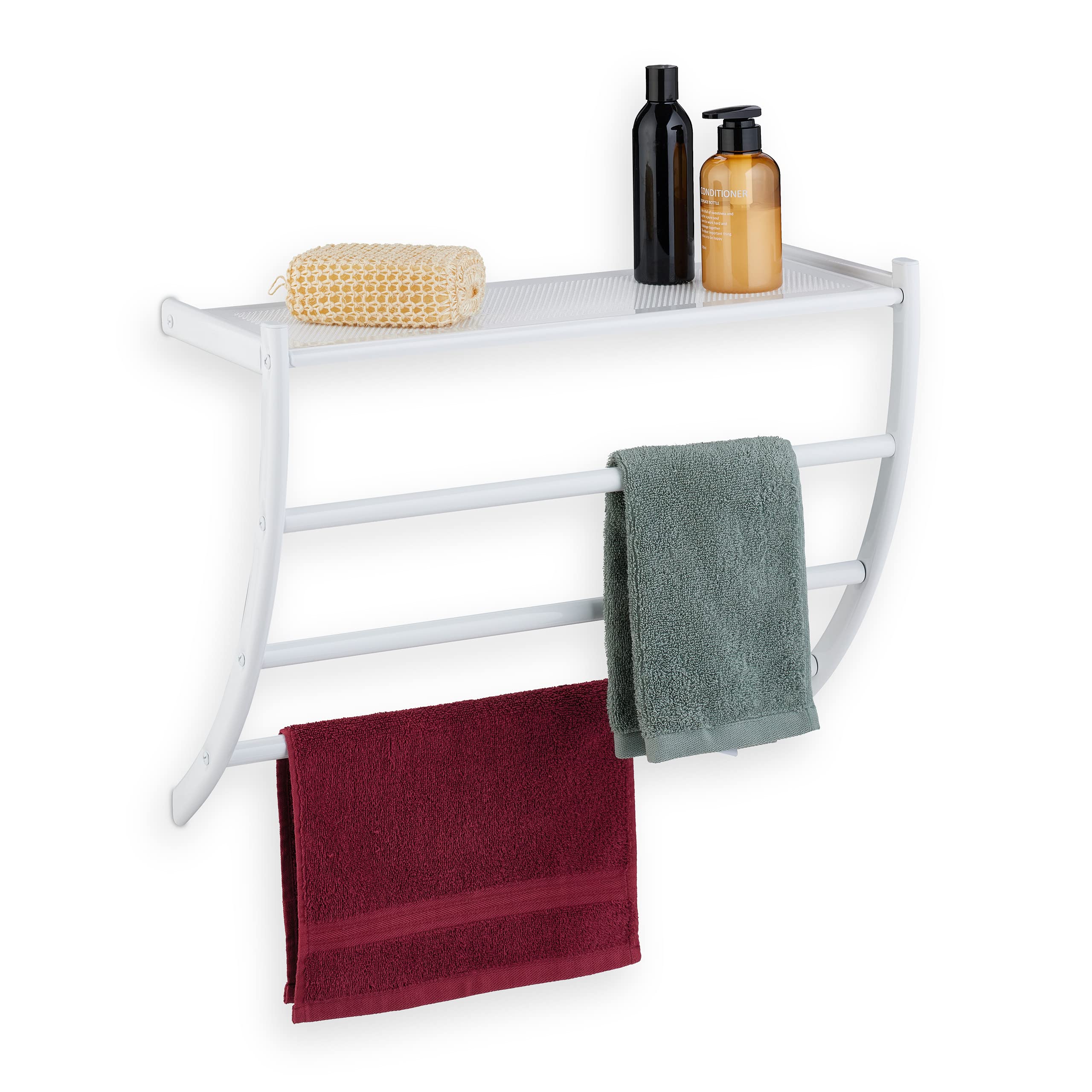 Relaxdays Towel Rack, 3 Rails, H x W x D: 44 x 56.5 x 23 cm, Wall Towel Holder, Steel, White