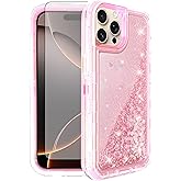 Asuwish Phone Case Compatible with iPhone 16 Pro Max 6.9 inch Screen Protector Bling Liquid Glitter Clear Hybrid Silicone Military Grade Protective Cell Cover i Phone16 16Pro i16 ProMax 16ProMax Pink