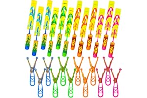 BLOOLILIES 24Pcs Flying Slingshot Toy with LED Lights for Kids, LED Flying Toys| Glow in the Dark Party Supplies 12 Launchers + 12 LED Helicopters Outdoor Toys for Boys Girls 4-8-12 Gift Camping Games