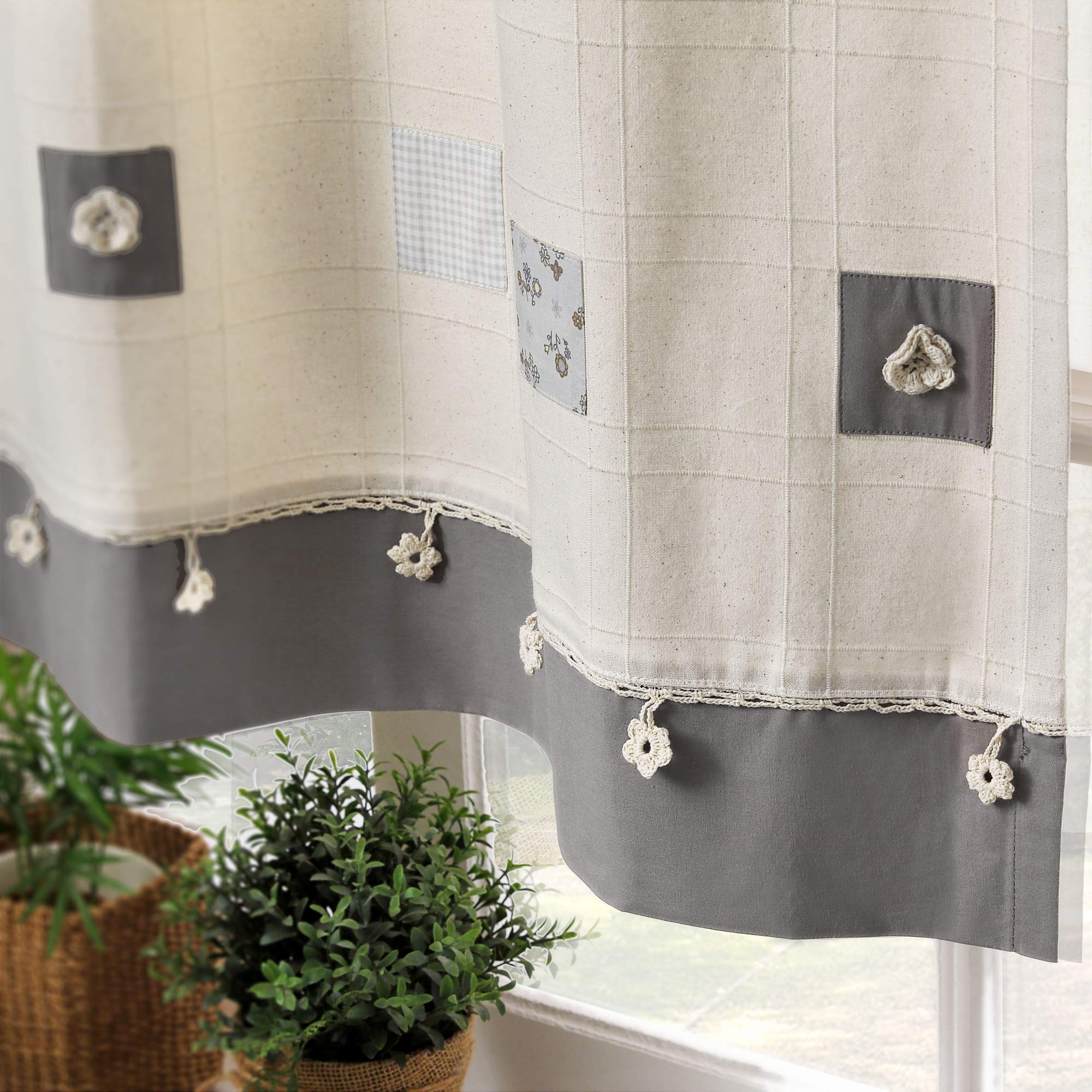 Stanley Hamilton Curtains, Tab Top Heading, Room Darkening, Hand Embroidered Panel Curtains, Cottage Collection with 4 different sizes (Natural Beige/Grey, 228 W x 228 D cm Panel Size)