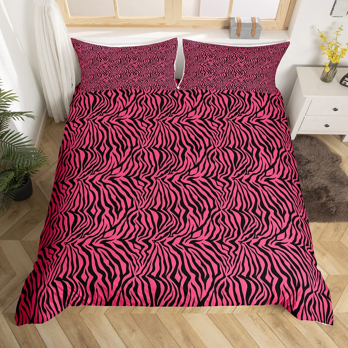 Girls Pink Black Duvet Cover Zebra Stripes Bedding Set Safari Animal Comforter Cover for Boys Girls Kids Zoo Animal Fur Bedspread Cover Double Size