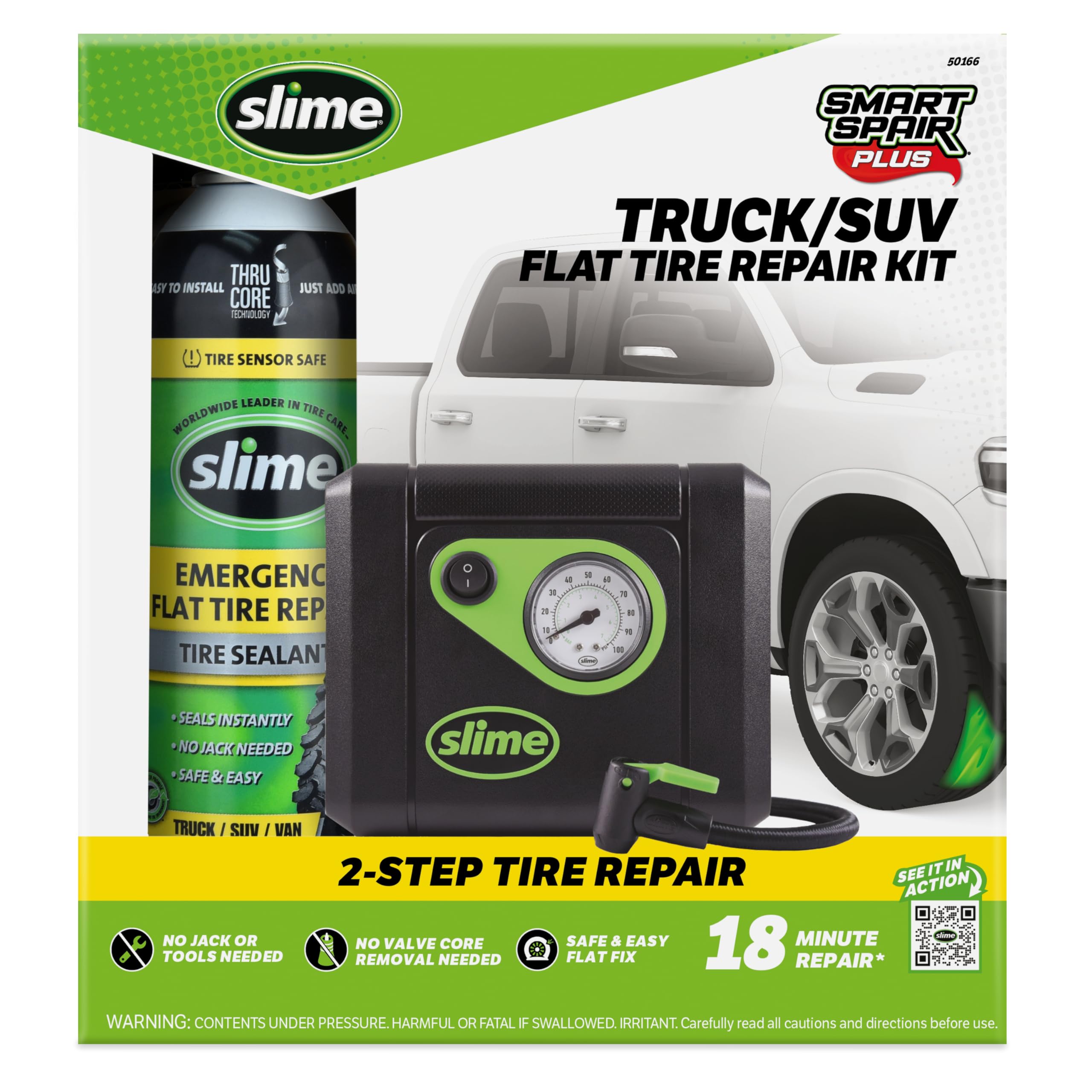 Slime 50166 Flat Tire Puncture Repair, Smart Spair Plus, Emergency Kit for Car Tires, Includes Sealant and Tire Inflator Pump, Suitable forTruck/SUV, 18 Min Fix
