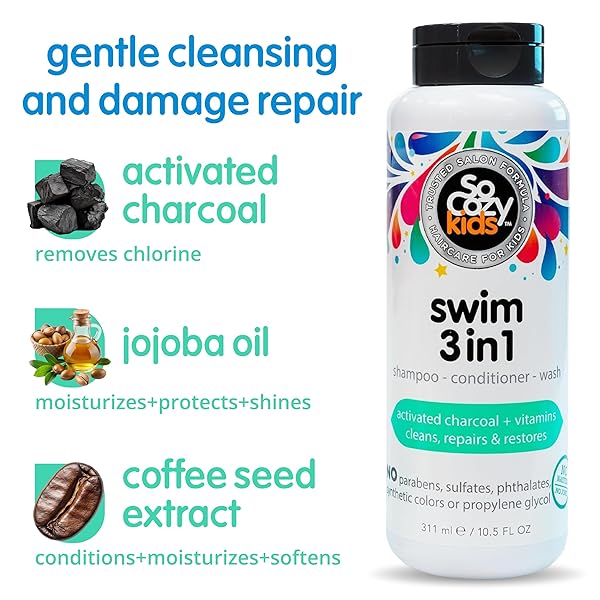 SOCOZY KIDS SWIM 3-IN-1 SHAMPOO, CONDITIONER & BODY WASH – 3-IN-1 COMBO POOL SHAMPOO & CONDITIONER FOR SWIMMERS – SALT & CHLORINE REMOVING ACTIVATED CHARCOAL