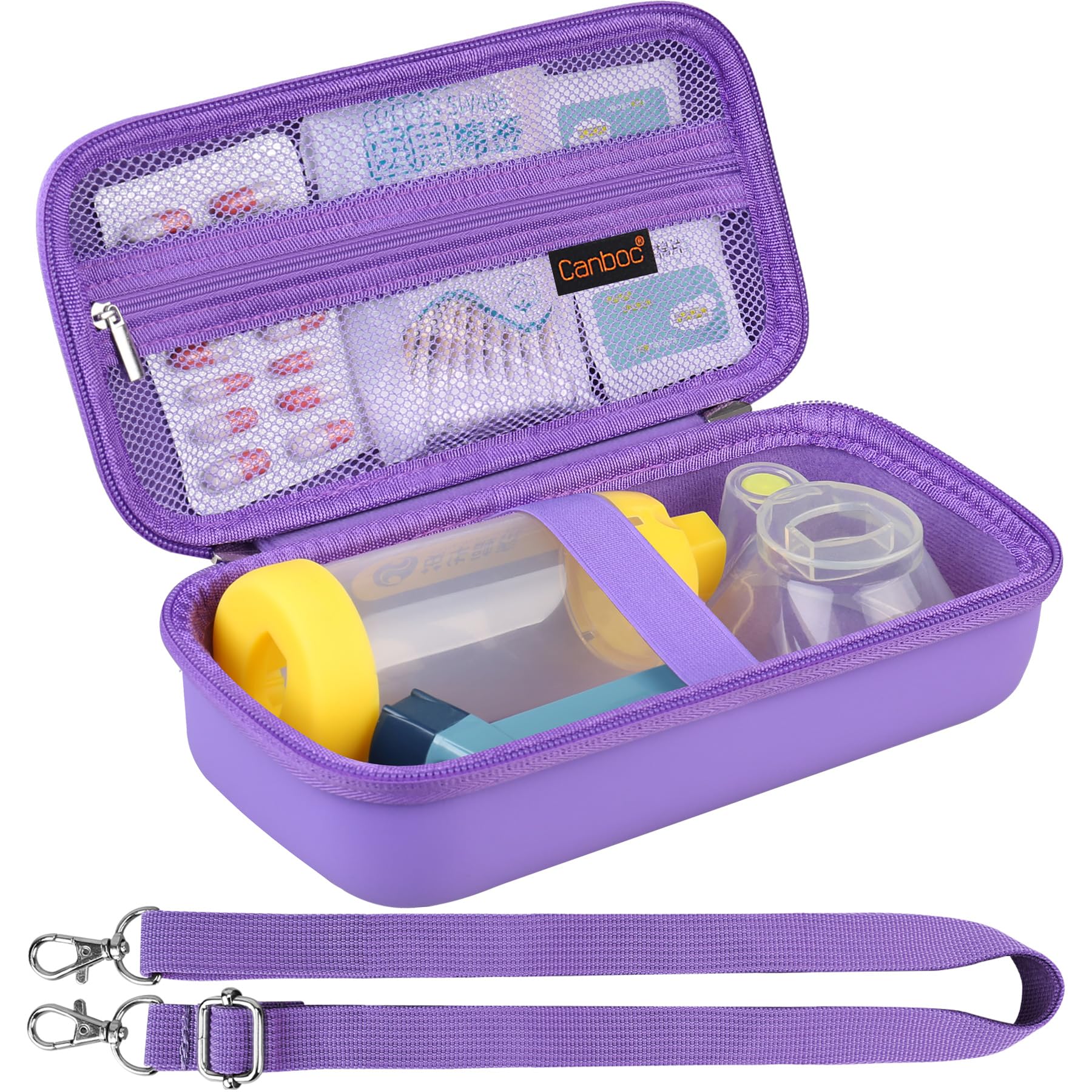 Canboc Carrying Case for Asthma Inhaler, Handheld Spacer for Adults, Mask, Inhaler Spacer Bag with Removable Shoulder Strap, Mesh Pocket fit Medicine or Essentials, Purple (Case Only)