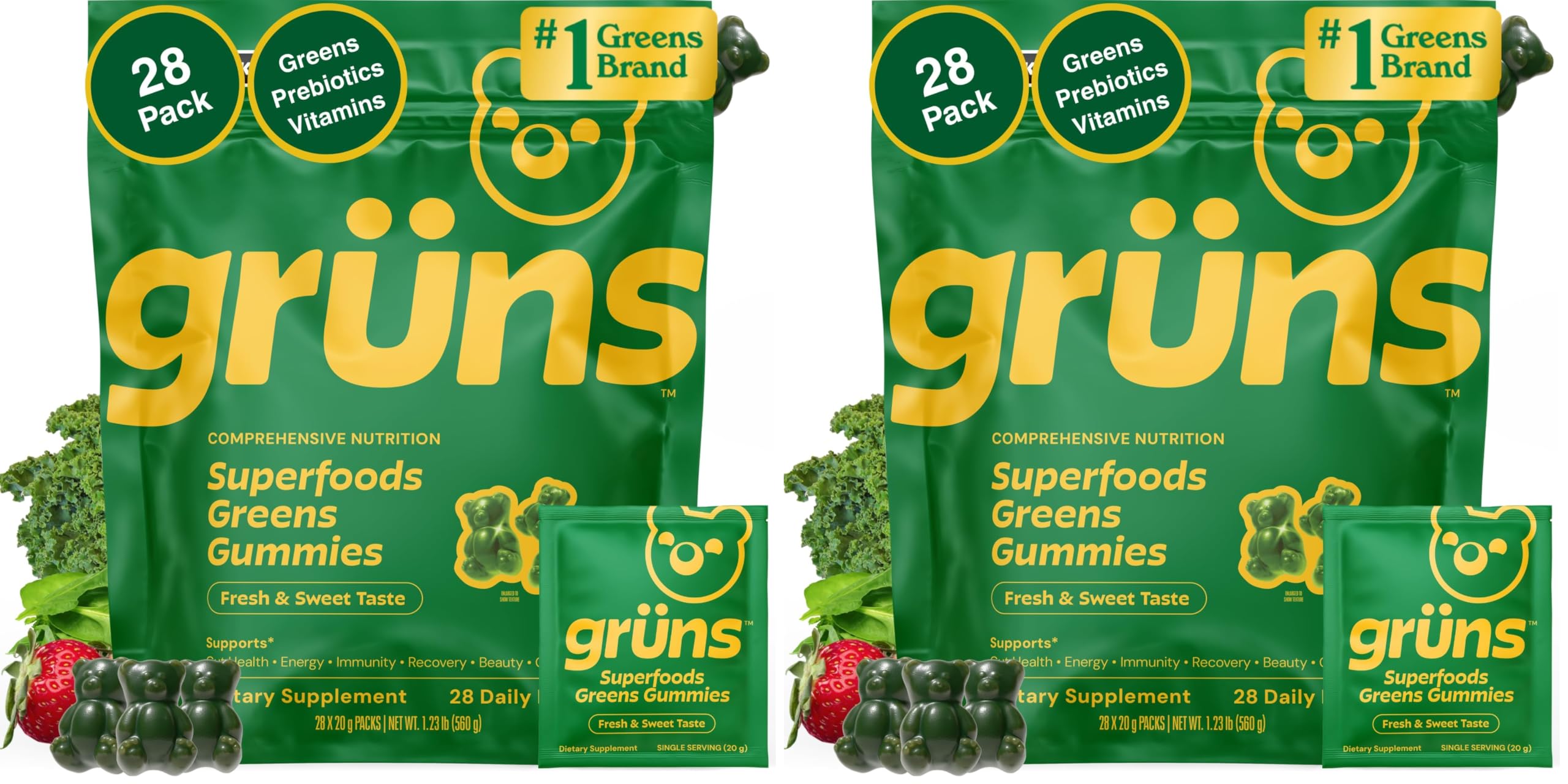 Gruns Adult Super Greens Multivitamin Gummies, Superfood Gummy Vitamins for Women and Men with Spirulina, Chlorella, Adaptogens & Prebiotic Fiber for Digestive Health (28 Count) (Pack of 2)