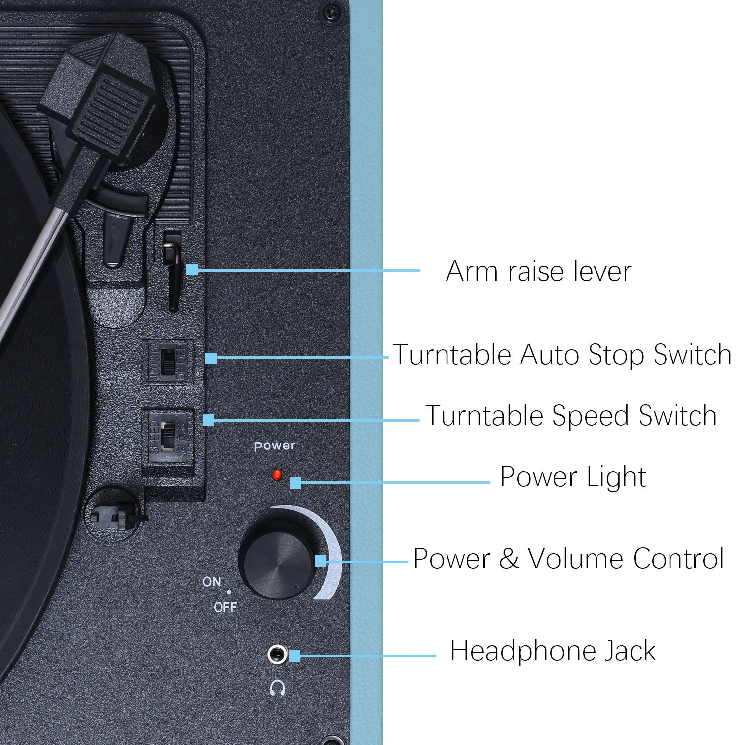 Musitrend Record Player Vinyl Turntable with Speakers, 3 Speed Suitcase Record Player Support Vinyl-to-MP3 Recording, Headphone Jack, Aux Input/RCA line Out (Blue)