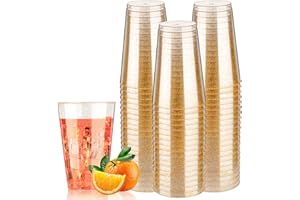Goodluck 14 oz 50 PCS Gold Glitter Plastic Cups, Disposable Glitter Cups, Elegant Plastic Cocktail Glasses, Fancy Party Cups for Wedding, Birthday, Holiday