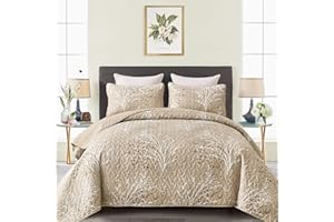 DJY Beige Quilt Set King Size - Branch Botanical Pattern Bedspread Coverlet Set, 3 Piece Floral Quilt Bedding Set Soft Lightweight Microfiber Bed Cover for All Season