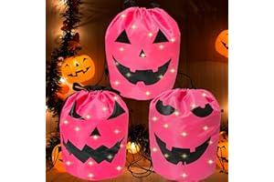 JXITON 3PCS Halloween LED Light Drawstring Candy Backpack Light up Multipurpose Halloween Trick or Treat Candy backpack with Pumpkin Smile Face Reusable pink Goodie backpack for Kids