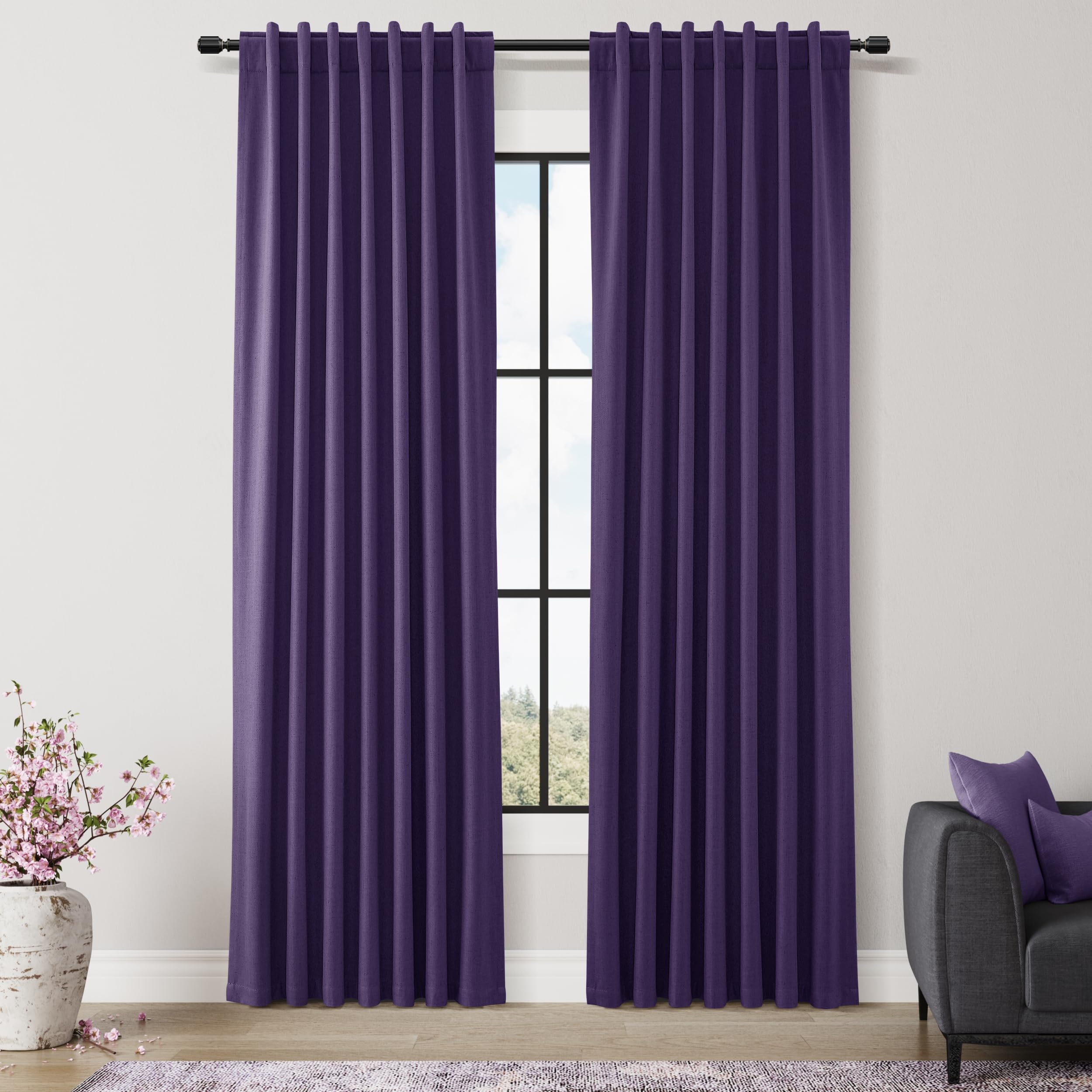 Guken 100% Blackout Curtains 84 Inch Length 2 Panels Set for Living Room Bedroom Back Tab Thermal Insulated Black Out Linen Drapes Room Darkening New Purple,52x84 Image