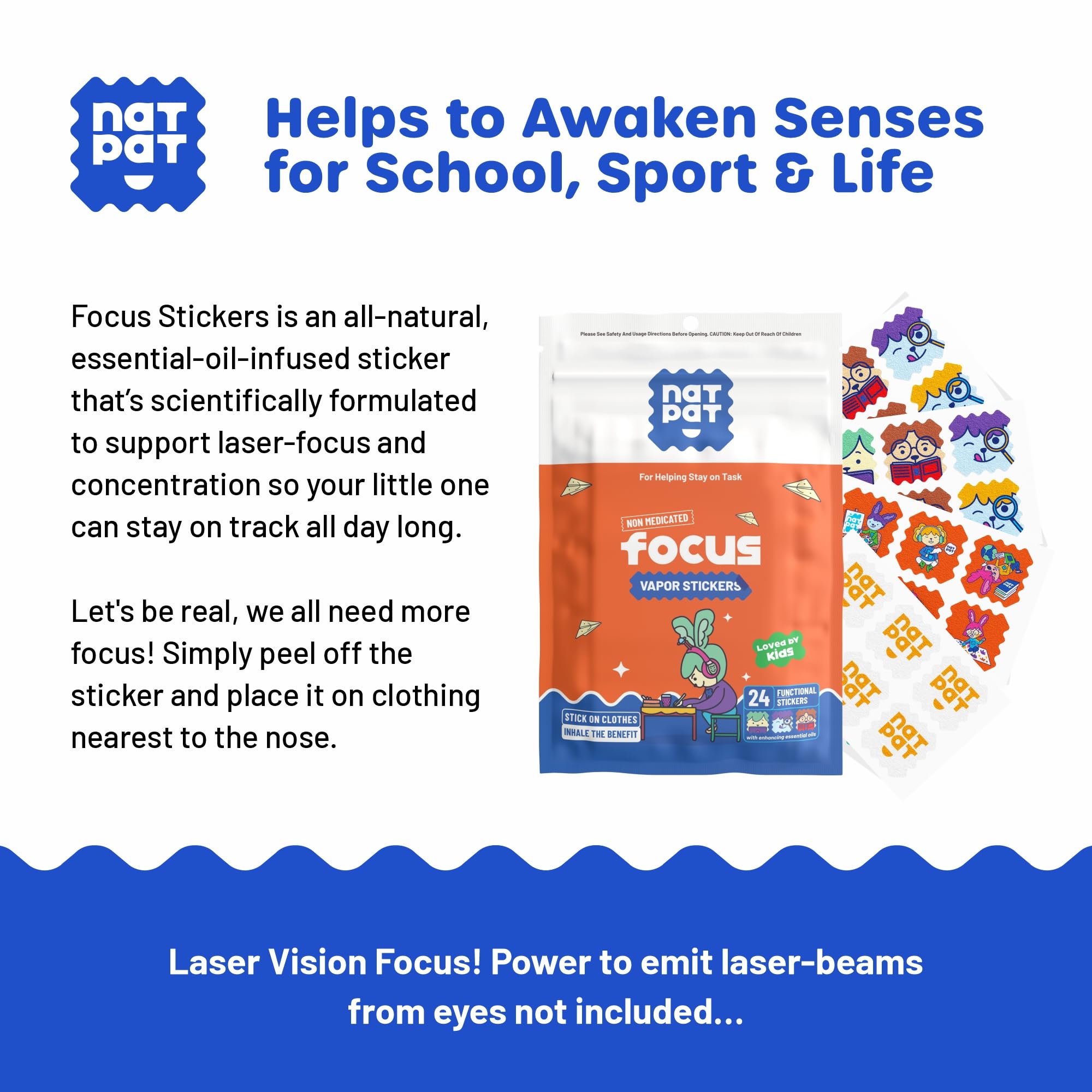 NATPAT Focus Patch Focus Enhancing Stickers for Kids and Adults - Healthy Brain Supports for Attention, Focus, and Concentration - Chemical and Drug Free - 24 Count - BuzzPatch Natural Patch