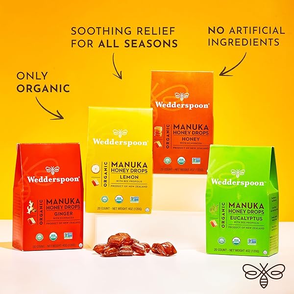 WEDDERSPOON ORGANIC MANUKA HONEY DROPS, GINGER & ECHINACEA, 20 COUNT (PACK OF 1) | GENUINE NEW ZEALAND HONEY | PERFECT REMEDY FOR DRY THROATS