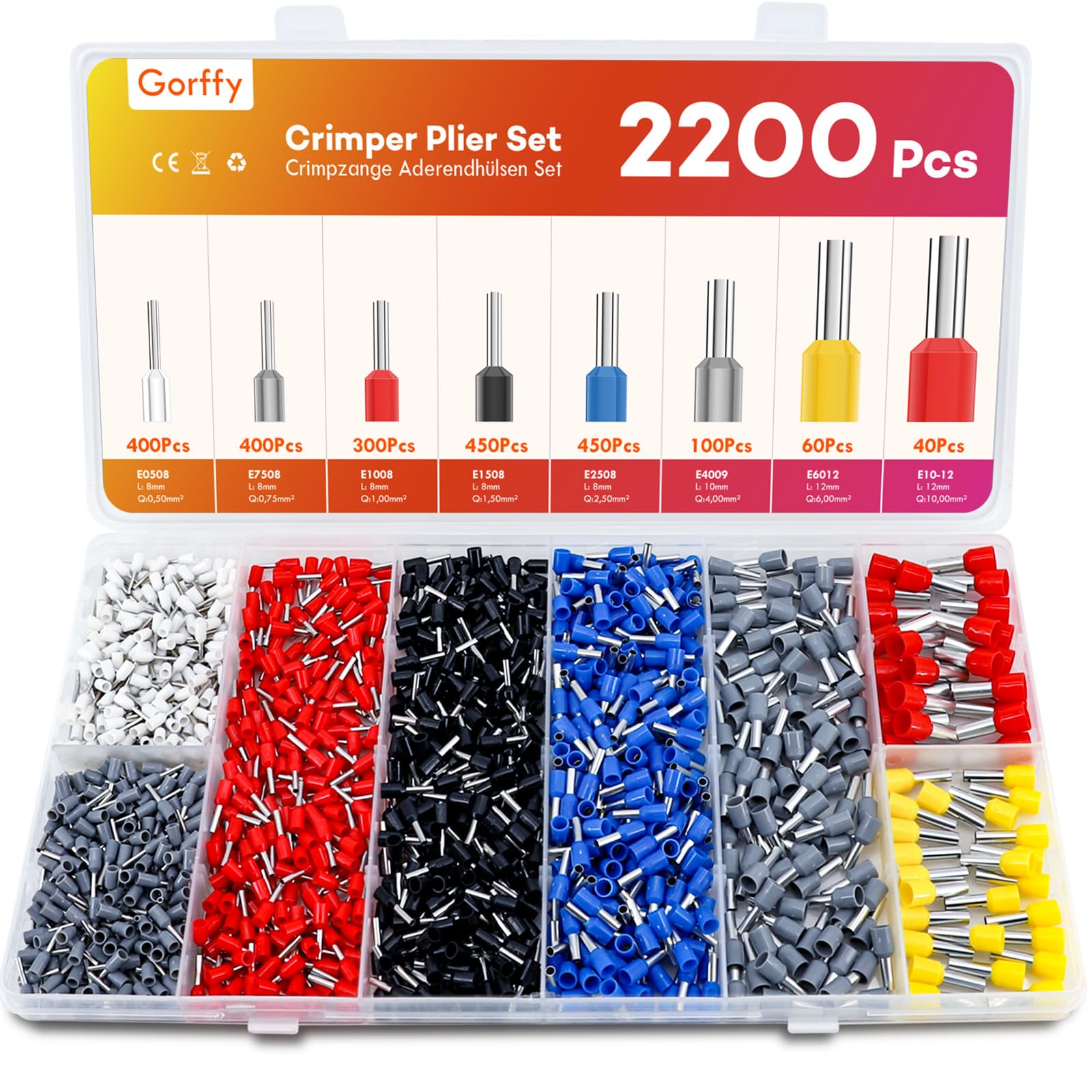 Gorffy Wire Ferrules Kit 2200 Pcs, 0.5mm² - 10mm² Crimp Connectors, Insulated Cable Ferrules Assortment — image 1