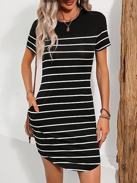 SWEATYROCKS WOMEN’S SUMMER STRIPED BODYCON SHORT DRESS CREWNECK WOMEN MINI DRESSES WITH POCKETS BLACK AND WHITE MEDIUM