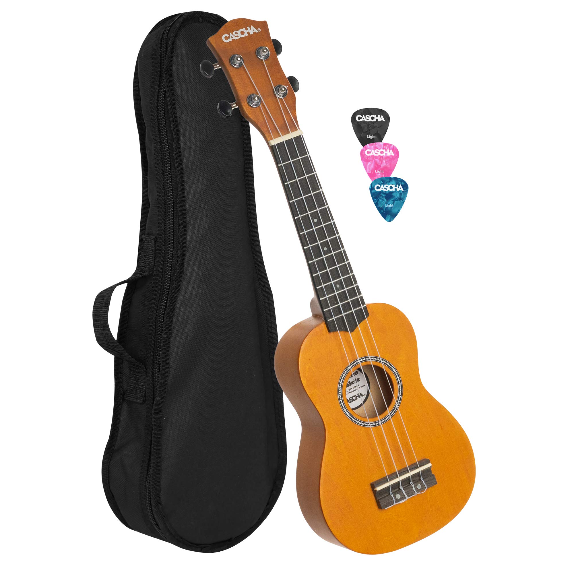 CASCHA Soprano Ukulele set for children and adults I Ukulele starter kit with 3 picks bag I Ukulele set Aquila strings nylon I Small Hawaiian guitar for beginners advanced I Yellow HH 3964