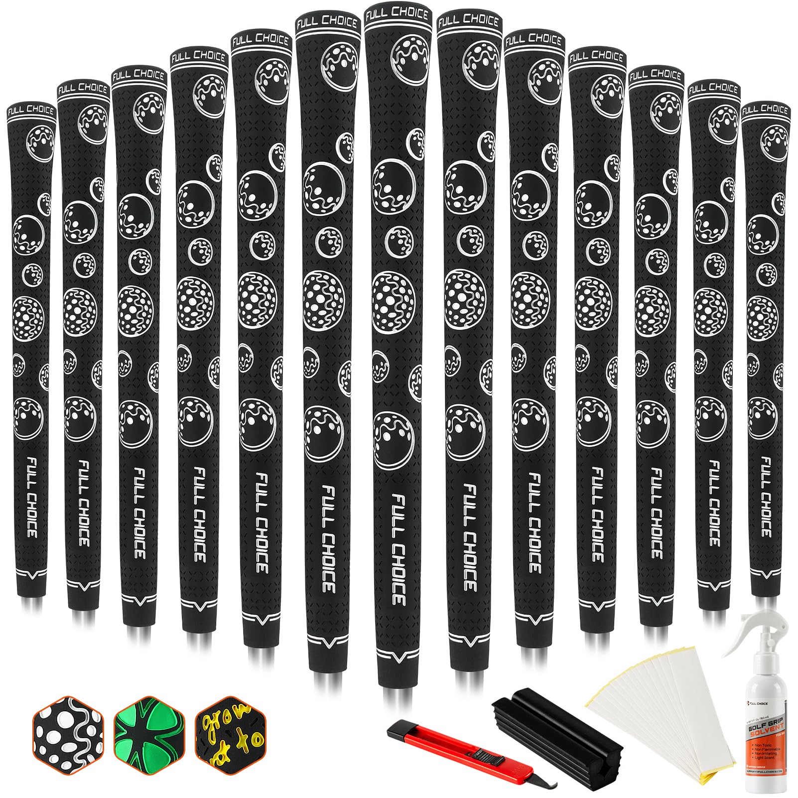 Photo 1 of Full Choice Control+ Rubber Golf Grips, Golf Ball Pattern for Added Ball Control, High Traction and Feedback, Standard Size RG03, Pack of 13 with Solvent