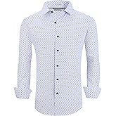 WARHORSEE Mens Casual Button Down Dress Shirts Long Sleeve 4-Way Stretch Collared Printed Business Work Shirt