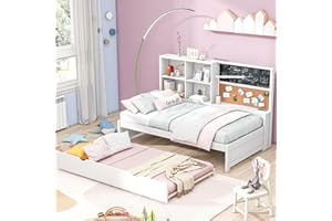 Merax Twin Size Daybed with Trundle, Wood Twin Daybed Frame with Storage Shelves, Blackboard, Cork Board and USB Ports, White