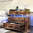 TC-HOMENY Acrylic Float Nightstand with Voice-Activated Mode, LED Nightstand with Charging Station, Side Table End Table with 2 Drawers (Brown)