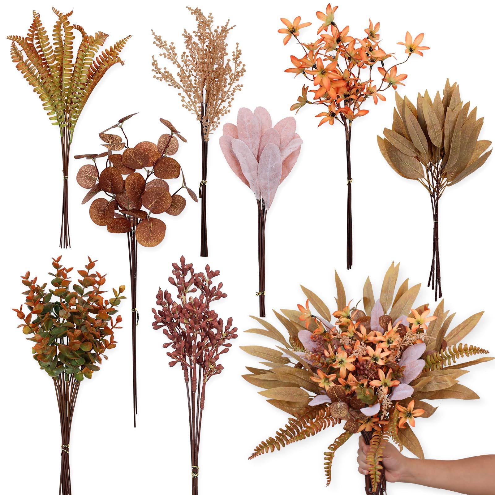 Photo 1 of YXZZWL Artificial Greenery Stems Box Set for Fall Decorations?70 Pcs with 8 Kinds of Faux Eucalyptus Branches for Autumn Wedding DIY Bouquets Floral Arrangement Table Centerpieces (Brown & Orange)