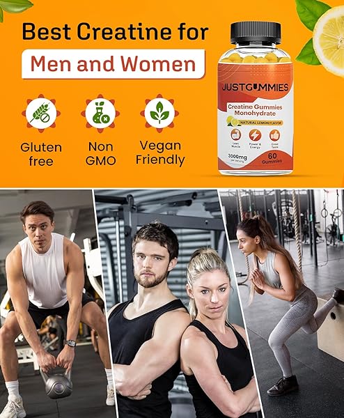 JUSTGUMMIES CREATINE MONOHYDRATE GUMMIES 3000 MG PER SERVING | CREATINE INFUSED GUMMIES TO INCREASE STRENGTH AND BUILD MUSCLE, VEGAN, LEMON FLAVOR, 60 COUNT