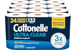 Cottonelle Ultra Clean Toilet Paper with Active CleaningRipples Texture, Strong Bath Tissue, 24 Family Mega Rolls = 132 Regular Rolls (4 Packs of 6)