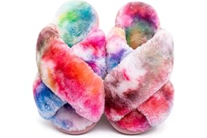 eccbox Girls Fluffy Slippers Kids Leopard Tie Dye Open Toe Memory Foam Slides Sandals Soft Plush Cross Band House Shoes Indoor Outdoor Slip On