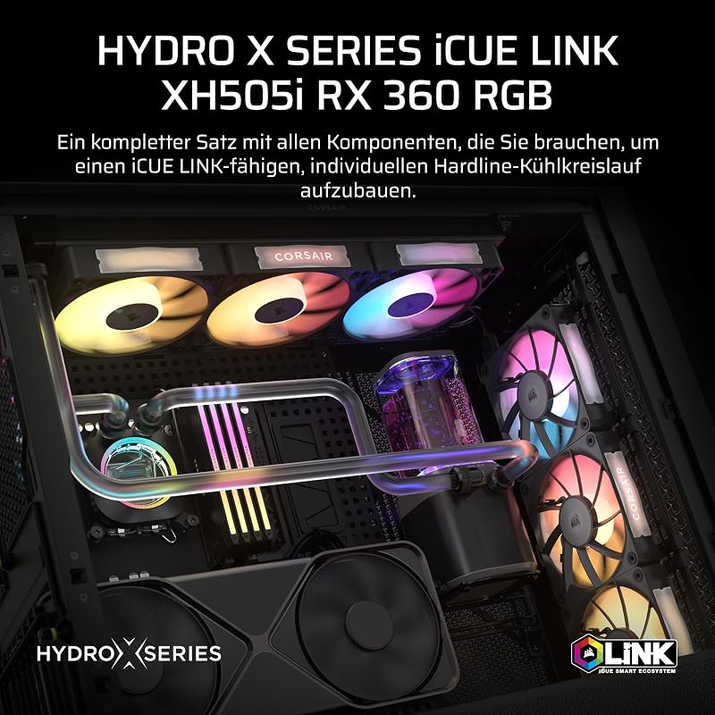 iCUE LINK XH505i RX 360 RGB Individuelles Kühlungs-Kit – XC7 ELITE CPU-Wasserblock, XD6 ELITE-Pumpenreservoir, 3x RX120 RGB-Lüfter, XR5 360-mm-Radiator, iCUE LINK-Systemhub - Schwarz