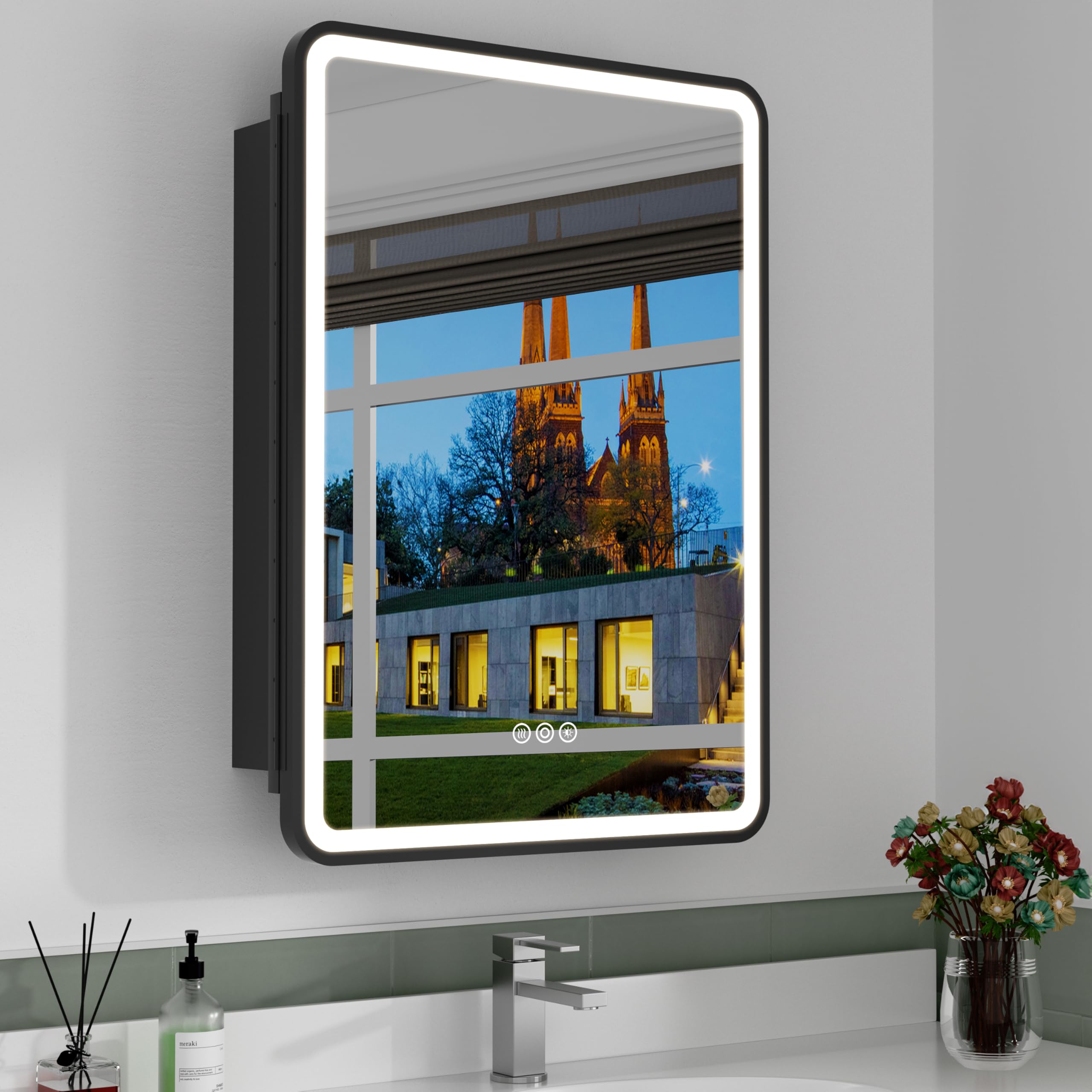 Photo 1 of 20x28 Inch Medicine Cabinet with Mirror, Recessed or Surface Mount Bathroom Medicine Cabinet with LED Lights, Anti-Fog, Memory Function, Adjustable Shelf, Dimmable Light, ETL Listed, Black,Right Hinge