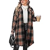 IN'VOLAND Womens Plus Size Flannel Plaid Shirts Long Sleeve Lounge Lapel Boyfriend Button Down Tartan Long Jacket Coats