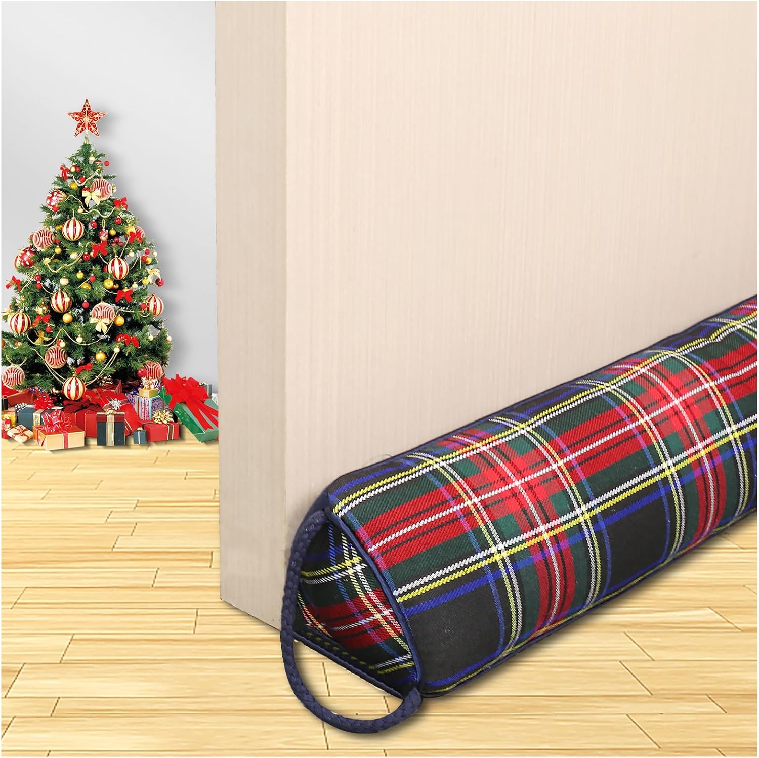 Draft Stoppers - Triangle Under Door Draft Stopper Noise Blocker 32 Inches for Door Bottom Air Seal Insulation and Soundproof, Heavy Duty Weather Guard Snake Stripping, Tartan Check Navy Blue