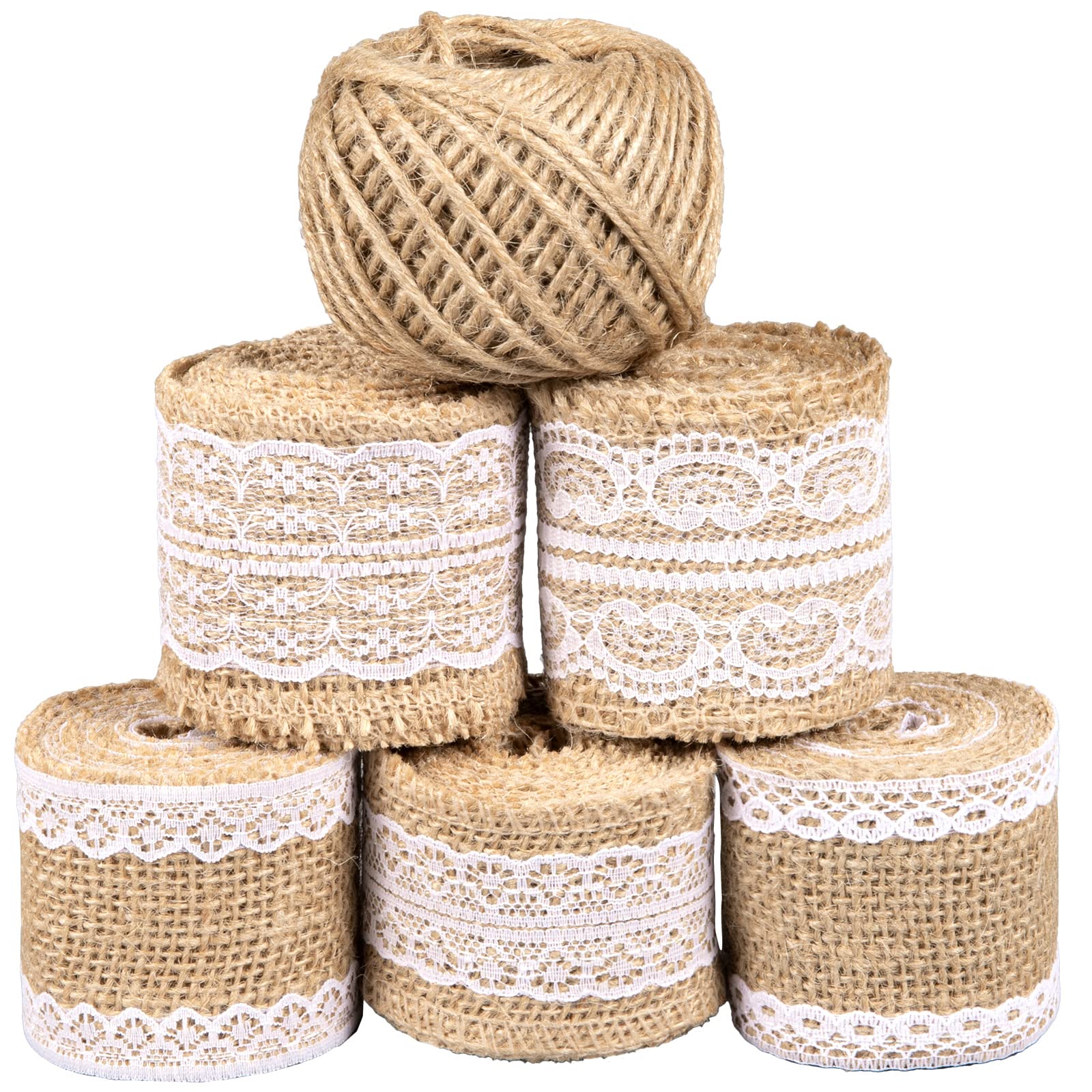 Whaline 11 Yards/ 396 Inches Natural Burlap Ribbon Rolls with Lace and 130 Feet Jute Twine for DIY Handmade Wedding Party Crafts Lace Linen
