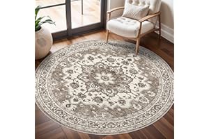 TOPRUUG Washable Oriental Area Rug - 6ft Round Rugs for Living Room Soft Carpet for Bedroom Waterproof Floral Distressed Indoor Stain Resistant Non-Shedding Floor Carpets (Beige, 6ft-Round)