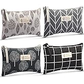 Boao 4 Pieces Canvas Makeup Bags Set Small Cosmetic Pouches for Purse with Zipper Multi Functional Toiletry Travel Case Organizer for Women Gift, 4 Styles(Big,Arrow, Plaid, Tree, Leave)