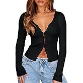 OZICERD V Neck Long Sleeve Going Out Top Y2k Ribbed Knit Hook Open Front Cropped Cardigan Sweaters for Women Lightweight Fall