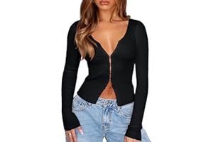 OZICERD V Neck Ribbed Knit Hook Open Front Cropped Cardigan Sweaters for Women Lightweight Fall Long Sleeve Going Out Top Y2k