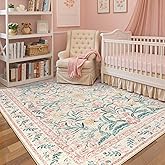Wonnitar Pink Rugs for Nursery, 5x7 Washable Rug for Bedroom Girls, Boho Soft Floral Carpet Non Slip, Indoor Ultra-Thin Floor Carpet for Baby Kids Room Living Room Dorm Decor