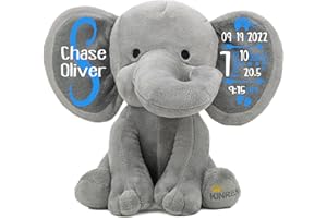 Personalized Elephant Stuffed Animal - Custom Birth Stats Announcement Stuff Elephants Animals for Babies, Baby Shower, Boy, 